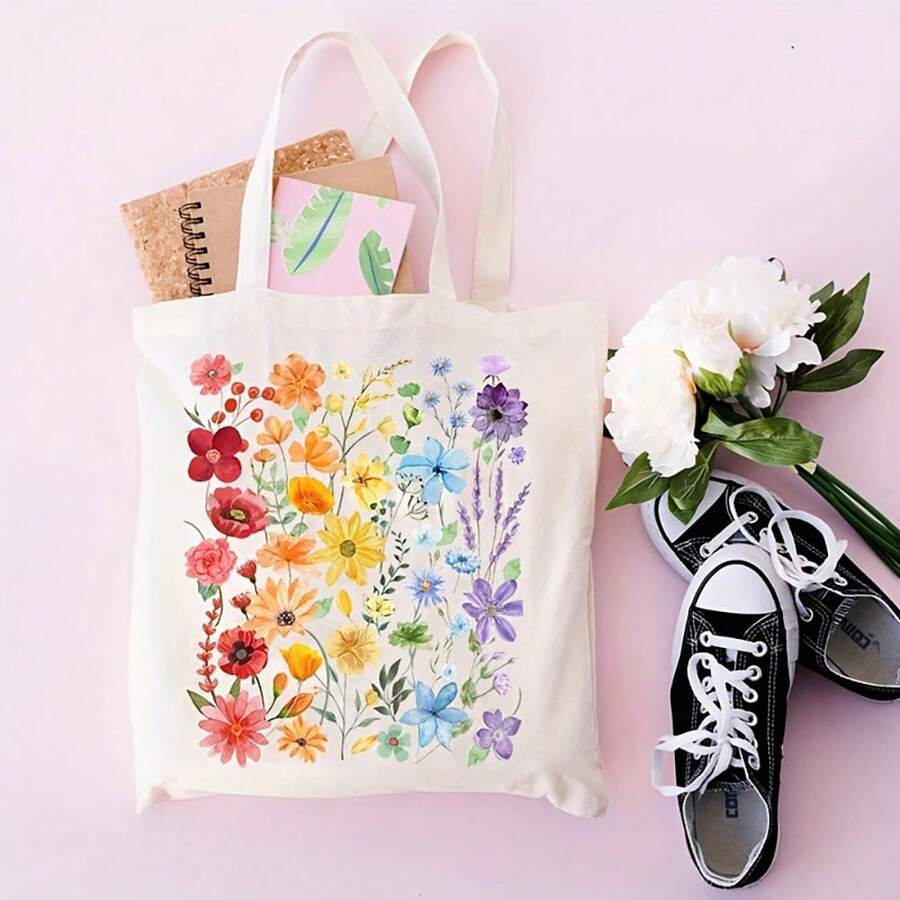 Floral Print Canvas Tote Bag, Portable Cartoon Crossbody Bag, Reusable