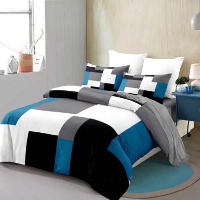 3pcs Blue Black And Gray Plaid Pattern Duvet Cover Set (1*Duvet Cover + 2*Pillowcases, Without Core), Fashionable Pattern Bedding Room Decoration, Soft And Comfortable Bedding Set