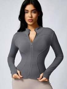 2pcs Women's Fashion Solid Color Thumb Hole Long Sleeve Zip-Up Active Jacket, Tight Outdoor Sports Coat
