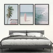 3 件装裱创意帆布海报、棕榈树和冲浪板海洋海景画、防水帆布墙画、艺术品墙画，可作为礼物、卧室、办公室、客厅、咖啡厅、酒吧、墙壁装饰、居家和宿舍装饰 - 彩色 - 查看 9