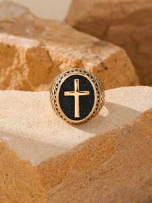 1pc Stainless Steel 18K Gold Plated Gothic Fashion Oval Cross Pattern Men's Rings Gift Jewelry