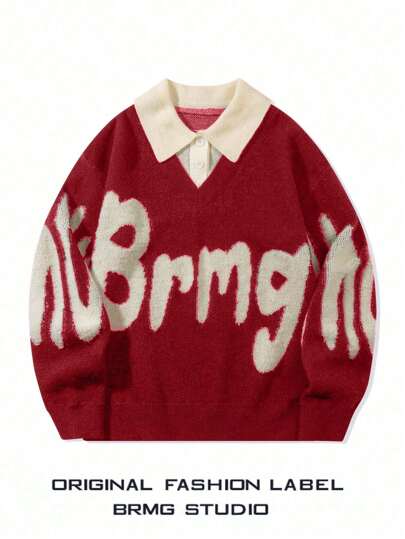 Men's Collegiate Style Patchwork Knitted Sweater With Polo Collar, Suitable For Autumn And Winter