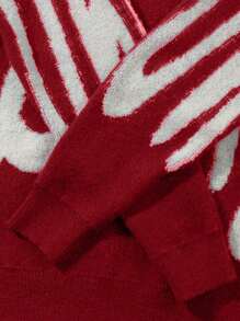 男士休闲拼接 Polo 领套头毛衣，宽松学院风，春秋季长袖上衣 - 紅色 - 查看 5