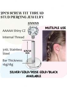 AVYRING 16g Bijou de piercing en acier inoxydable avec filetage interne et strass pour tragus/nez/hélix/conque/méduse/lèvre/labret - boucle d'oreille pour hélix, tragus, cartilage pour femmes et hommes 2-4 pièces