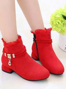 1 Pair Of Girls British Style Suede Ankle Boots With Zipper Design, Suitable For Spring And Autumn Seasons - Red - View 1