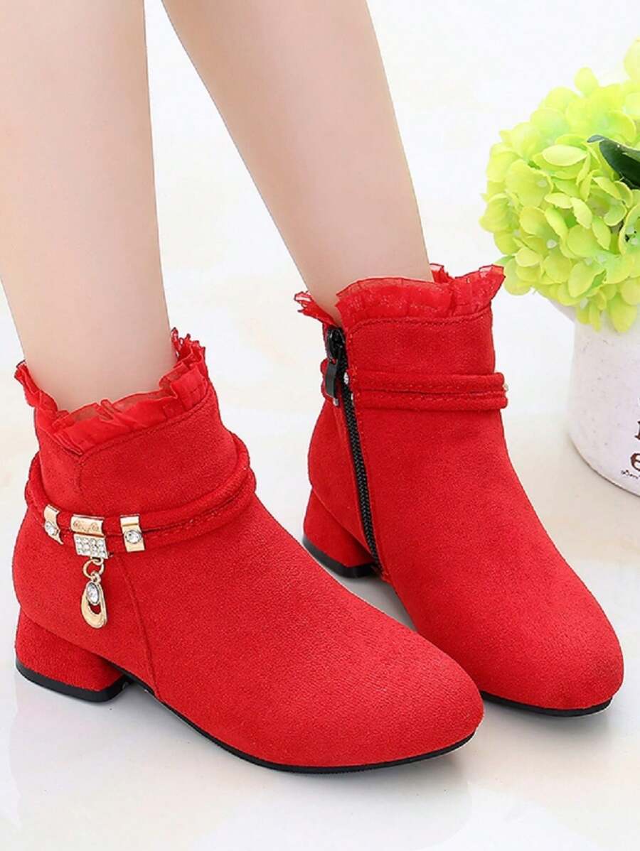 1 Pair Of Girls British Style Suede Ankle Boots With Zipper Design, Suitable For Spring And Autumn Seasons - Red - View 1