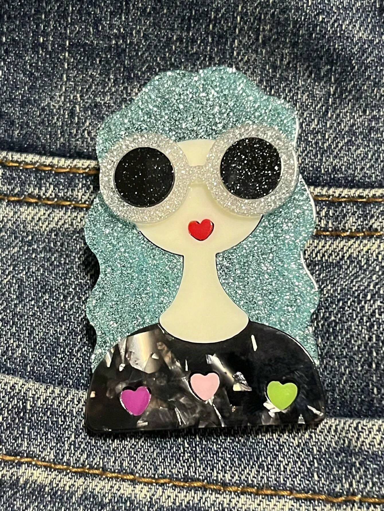 1pc Fashion Sunglasses Girl Acrylic Brooch, Handmade Cartoon Bag