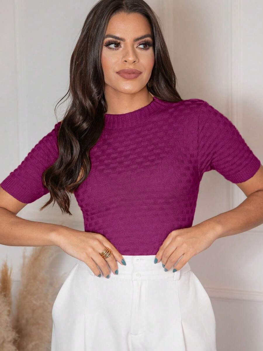 Cropped Knitted Blouse With Short Sleeves, Modal, Square - Màu đỏ tím - Xem 1