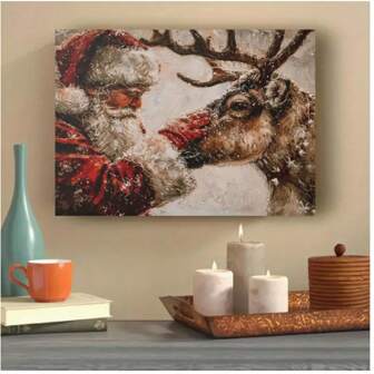 1pc,Vintage Cartoon Style Santa Claus And Reindeer Canvas Art Print - Unframed Horizontal Wall Art For Home, Office, Bedroom, Living Room, Kitchen, Bathroom - Modern Seasonal Holiday Poster, Ink On Canvas, Indoor Use, Cartoon Illustration, Classic Christmas Decor