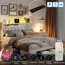 Polsterbett 140x200/160x200cm mit 3 Schubladen, Jugendbett Doppelbett, Stauraumbett Massivholzbett mit Lattenrost, Samt, Beige