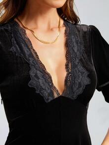 Rochie nouă de damă, cu decolteu în V, cu mânecă scurtă, din catifea neagră, peste genunchi, elegantă, cu o formă slăbită, de lux, de calitate superioară, versatilă, de primăvară - Negru - Vizualizare 8