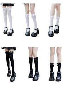 1pair JK Style Bowknot Elegant Long Thigh High Stockings, Velvet Knee Socks