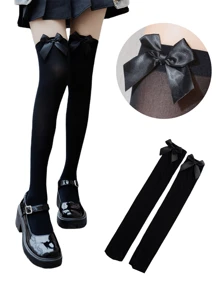 1pair JK Style Bowknot Elegant Long Thigh High Stockings, Velvet Knee Socks