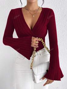 Women Solid Color V-Neck Bell Sleeve Long Sleeve Blouse