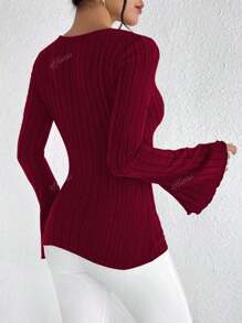 Women Solid Color V-Neck Bell Sleeve Long Sleeve Blouse