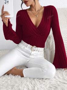 Women Solid Color V-Neck Bell Sleeve Long Sleeve Blouse