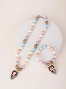 2pcs/Set Mermaid Princess Pendant Necklace And Bracelet Jewelry Set, Multi-Purpose For Girls