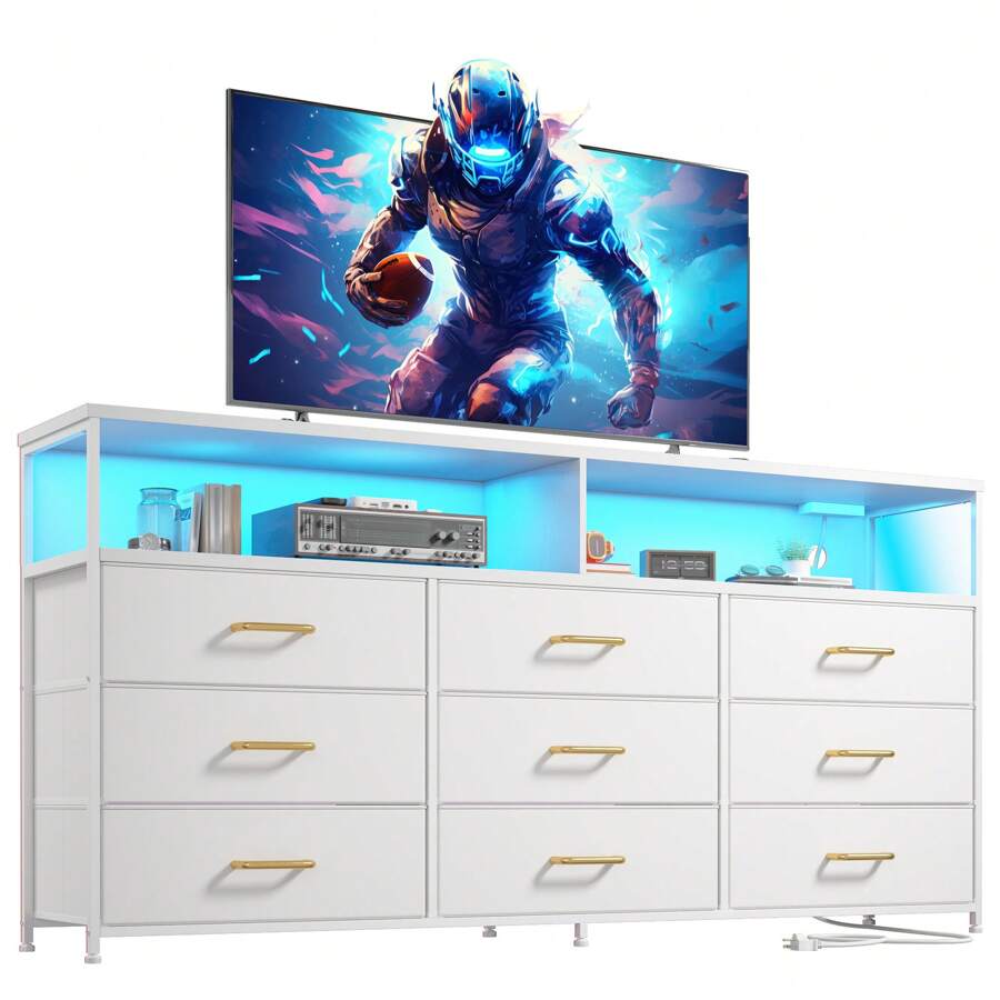 55"W White Dresser For Bedroom With Power Outlet & LED Lights 65" TV Stand For Bedroom Dresser With 9 Fabric Drawers, Sturdy Dressers For Bedroom, Closet, Entryway, Mother's Day Decor, Room Decor, Home Decor - 美規A型插(110-127V) - 查看 1