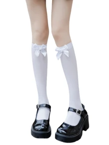 1pair JK Style Bowknot Elegant Long Thigh High Stockings, Velvet Knee Socks