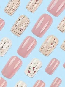 24pcs Square Long-Lasting Minimalist Striped Heart & Leaf Nail Sticker Set, Suitable For Women And Girls