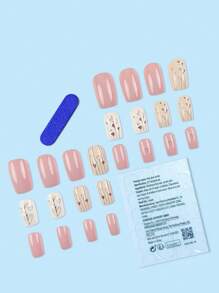 24pcs Square Long-Lasting Minimalist Striped Heart & Leaf Nail Sticker Set, Suitable For Women And Girls