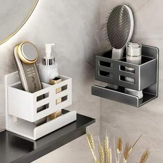 1 件/2 件简约浴室壁挂式收纳架，用于牙刷、化妆品容器、家居用品、塑料桌面杯子和梳子收纳架，无需钻孔