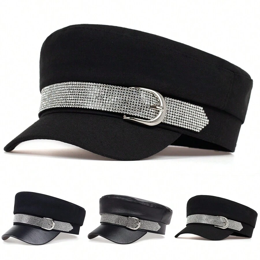 1 chiếc mũ nồi phẳng đính đá pha lê xanh navy cho nữ, mũ ngoài trời thời trang, mũ thường ngày ấm áp thích hợp cho du lịch mùa xuân/thu, tiệc bãi biển - Nhiều màu - Xem 1