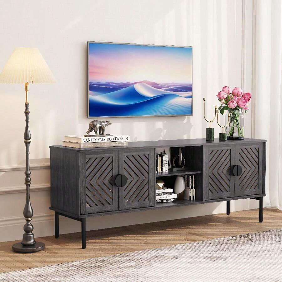 63'' TV Stands For Living Room, TV Console With 2-Layer Shelves, Modern Entertainment Center Television Stands With Storage, Wood Media Cabinet For Bedroom - 灰色 - 查看 1