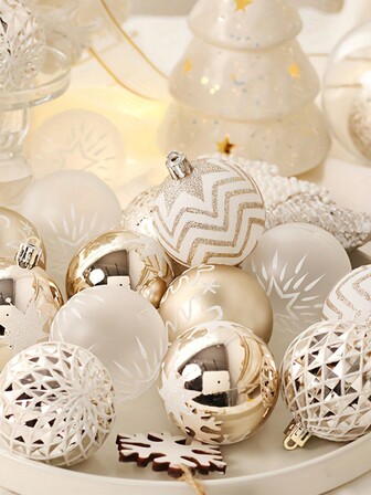 16pcs Decorations, Champagne Gold & White Baubles, Tree Hanging Ornaments, Home Party Decor, Scene Decor, Room Decor, Home Decor, Window Curtain Pendants, Holiday Party Decor (With Strings), Winter Best Gifts Birthday