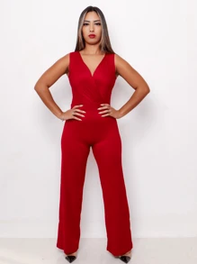 Macacão Feminino  Pantalona Canelado c/ Decote V - Vermelho - Visão 1