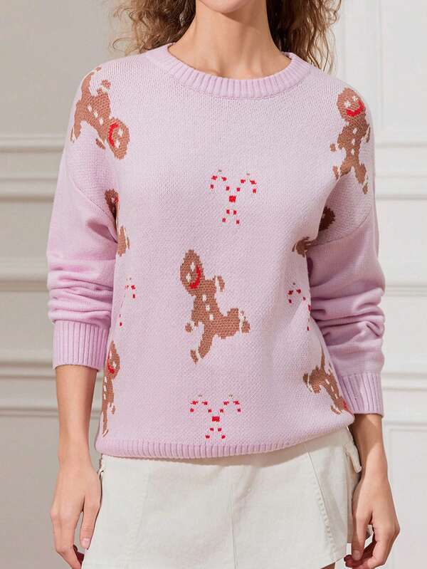 Suéter feminino de outono e inverno com elementos de Natal em gengibre, solto e confortável, estilo natalino