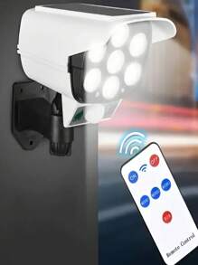 Luz de Segurança de Parede Alimentada por Energia Solar com 30/77 LEDs, Sensor de Movimento COB e Câmera Falsa - Holofote Controle Remoto para Uso Externo, Detecção Humana, Monitoramento Anti-Furto, Iluminação para Jardim, Caminho, Quintal e Pátio