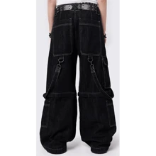 Women Denim Baggy Cargo Pants Y2k Detachable Hip Hop High Waist Stripe Pants Gothic Grunge Streetwear - 黑色 - 查看 4