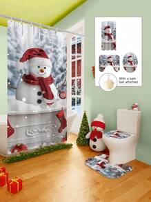Conjunto de cortina de chuveiro com boneco de neve vermelho de Natal, 1/2/3/4 peças, com 12 ganchos e uma bola de chuveiro, cortina de chuveiro de poliéster impermeável e resistente a mofo, tapete antiderrapante para banheiro, tapete em U para vaso sanitário, capa protetora para vaso sanitário, conjunto decorativo para banheiro, sem necessidade de furadeira, vários tamanhos disponíveis, acessórios de decoração de outono para banheiro, volta às aulas