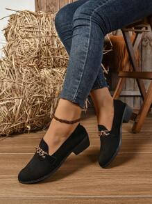 Plus Size Women Retro Slip-On Flat Loafers, Comfort Casual Low Vamp Chain Decor Moccasins
