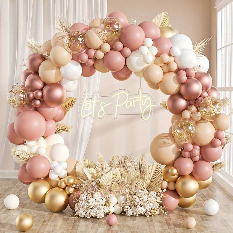 136-Piece Bohemian Balloon Arched Garland Set, Powder Blusher Gray Pink Ivory White Rose Gold Balloons Suitable For Shower, Bridesmaid Gift, Wedding, Engagement, Single Ladies, Birthday Party Decoration Aluminum Foil Paper Sequin Balloon - Multicolor - View 1
