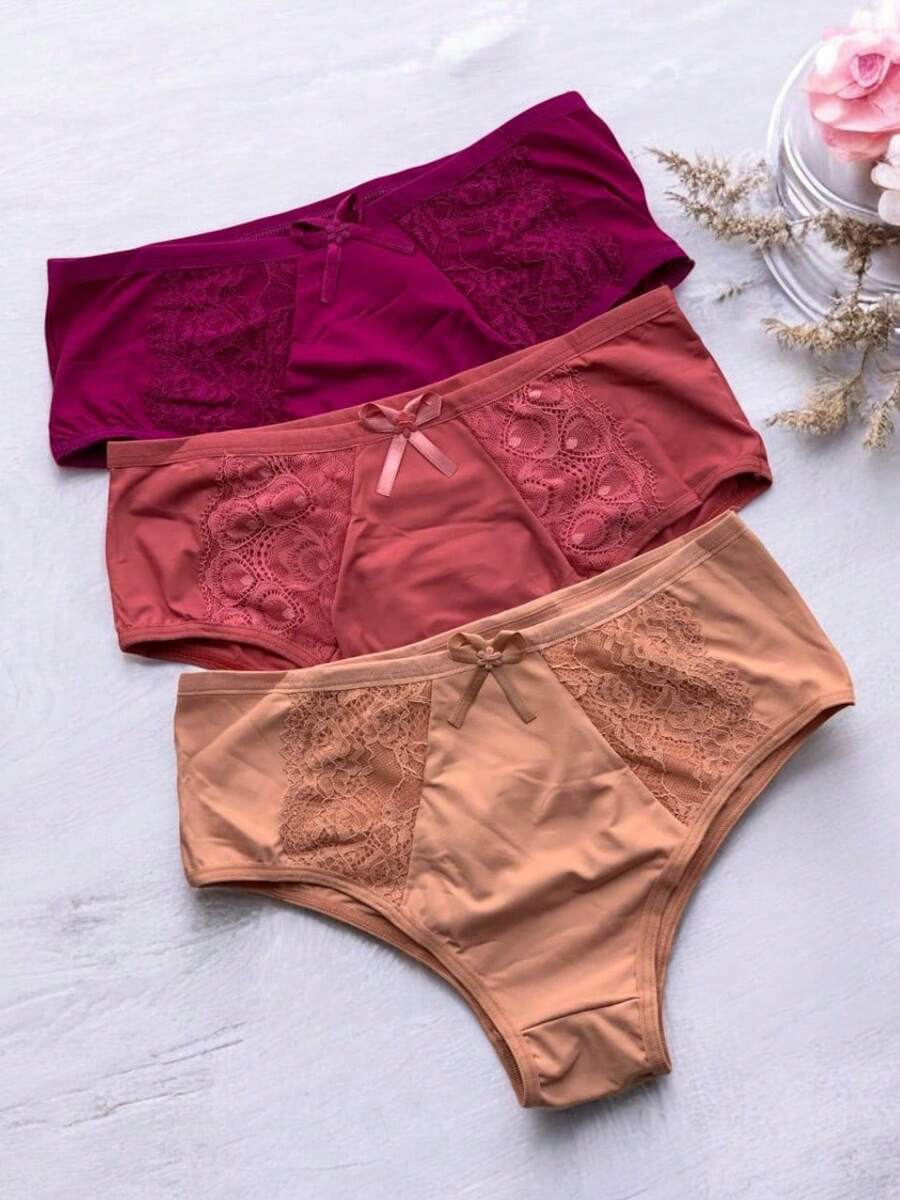 Kit 3 Panties Ladies High Waisted Panties With Lace Reinforced Hot Pants Comfortable 100% Cotton Lining Holds The Belly - 彩色 - 查看 1