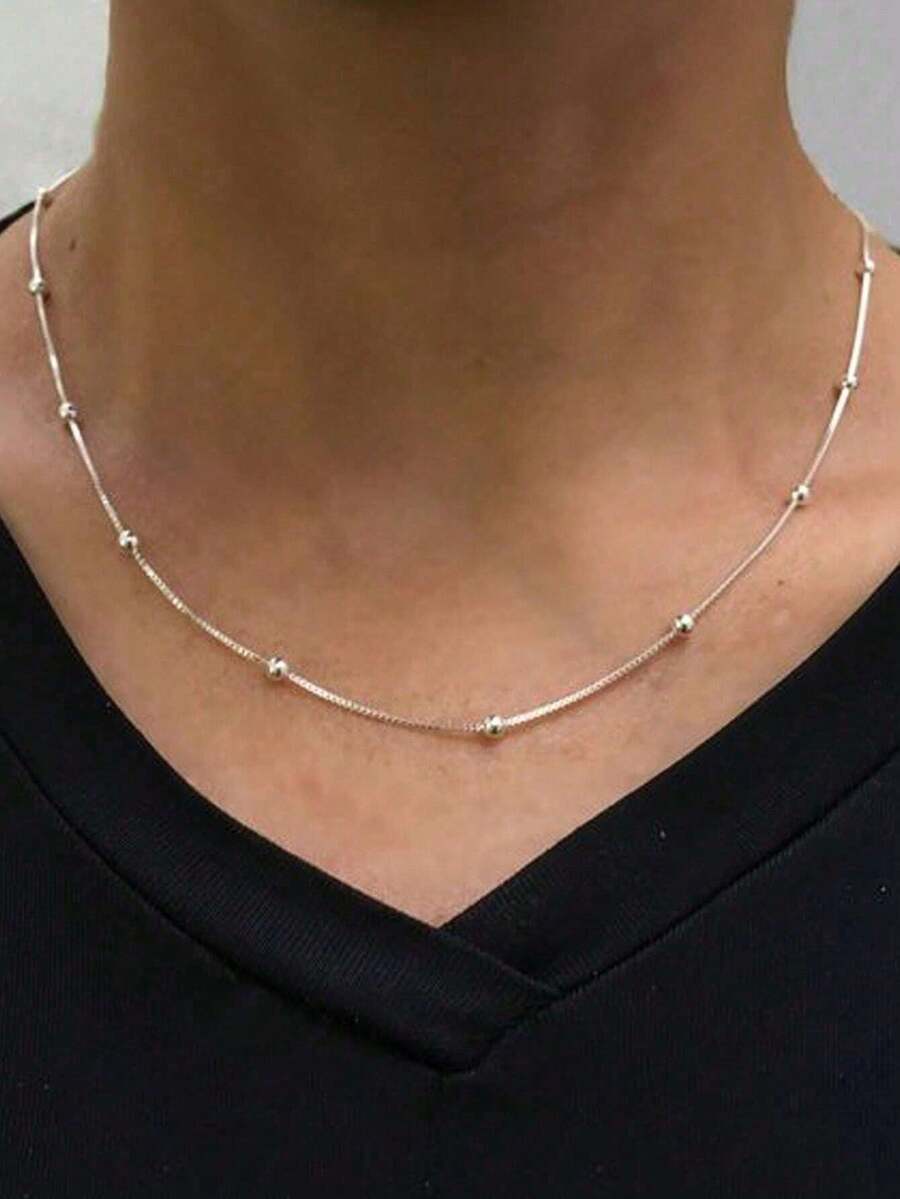 1 件 925 纯银简约圆珠盒链项链简约简约项链珠宝礼物 - 銀色 - 查看 1