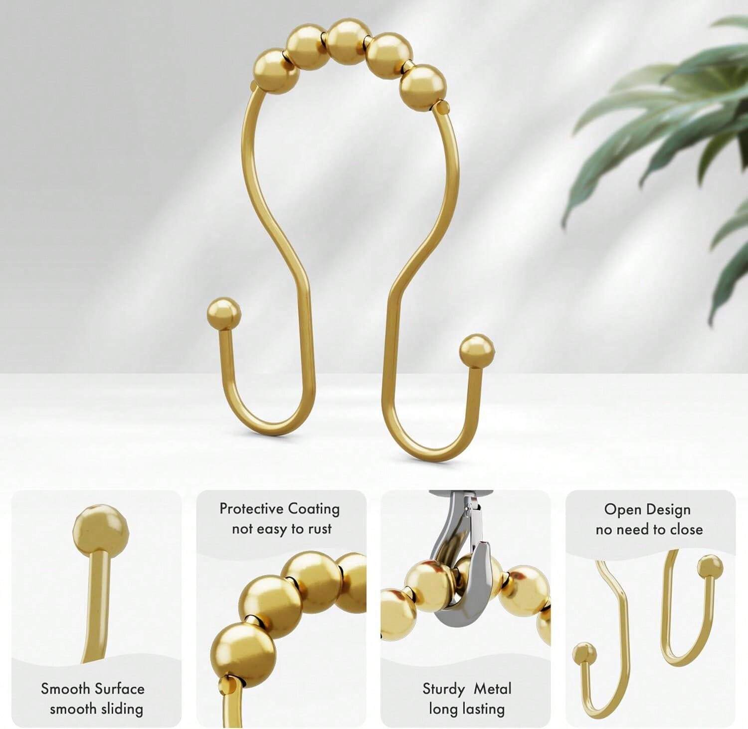 12pcs Golden Shower Curtain Hook With Sliding Ball Type DustProof