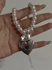 1 pieza Collar con colgante en forma de corazón y lazo, perla falsa, estilo gótico Kpop Harajuku, estética, para mujer y niña, Y2k, 2000s, EMO, vintage, punk, accesorios de joyería, regalo para San Valentín, mamá, madre, Día de la Madre