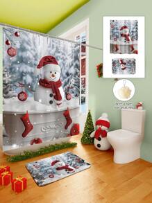Conjunto de cortina de chuveiro com boneco de neve vermelho de Natal, 1/2/3/4 peças, com 12 ganchos e uma bola de chuveiro, cortina de chuveiro de poliéster impermeável e resistente a mofo, tapete antiderrapante para banheiro, tapete em U para vaso sanitário, capa protetora para vaso sanitário, conjunto decorativo para banheiro, sem necessidade de furadeira, vários tamanhos disponíveis, acessórios de decoração de outono para banheiro, volta às aulas