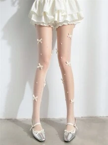 1 pièce Bas blancs avec un nœud rose doux et une décoration de perle, collants moulants, collants fins et sexy pour femmes, porter confortable et au quotidien