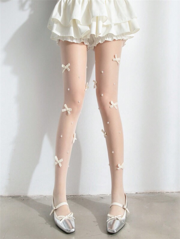 1 pièce Bas blancs avec un nœud rose doux et une décoration de perle, collants moulants, collants fins et sexy pour femmes, porter confortable et au quotidien