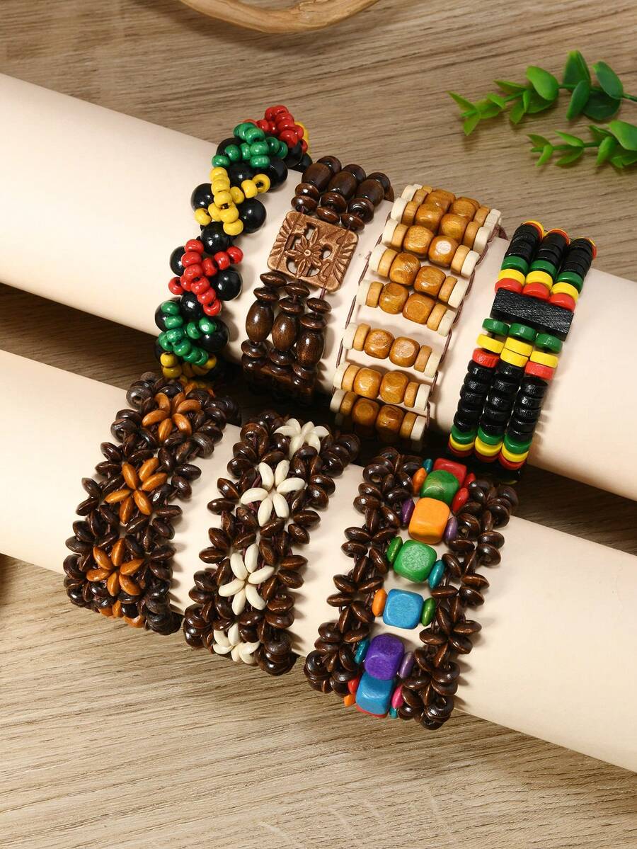 7pcs Women Wooden Bead Bracelet, Bohemian Vintage Elastic Rope Multilayer Wooden Bead Wristband - Multicolor - View 1