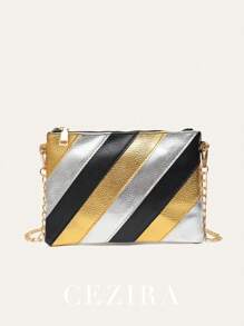 CEZIRA 1 Túi xách da PU họa tiết khối màu kim loại thời trang dành cho nữ, có khóa kéo, túi cầm tay vuông, dây xích kim loại, đeo chéo vai, phong cách Y2K, nhỏ gọn, hoàn hảo cho các cô gái tuổi teen, đi chơi dự tiệc ở trường đại học - Nhiều màu - Xem 5