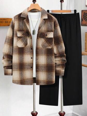 男士休闲复古双口袋格子长袖衬衫和纯色裤子套装