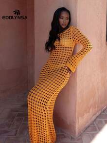 性感纯色镂空长袖超长邮轮罩衫连衣裙夏季