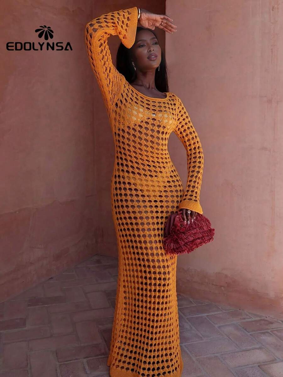 性感纯色镂空长袖超长邮轮罩衫连衣裙夏季