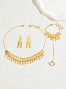 4 件优雅复古流苏项链硬币耳环手链首饰套装，适合派对/工作佩戴 - B - 查看 3