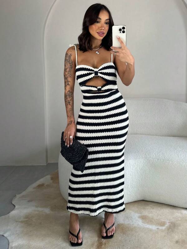 Vestido Midi Tricot Listrado Lunii Elegante Malha Verão Moda Praia